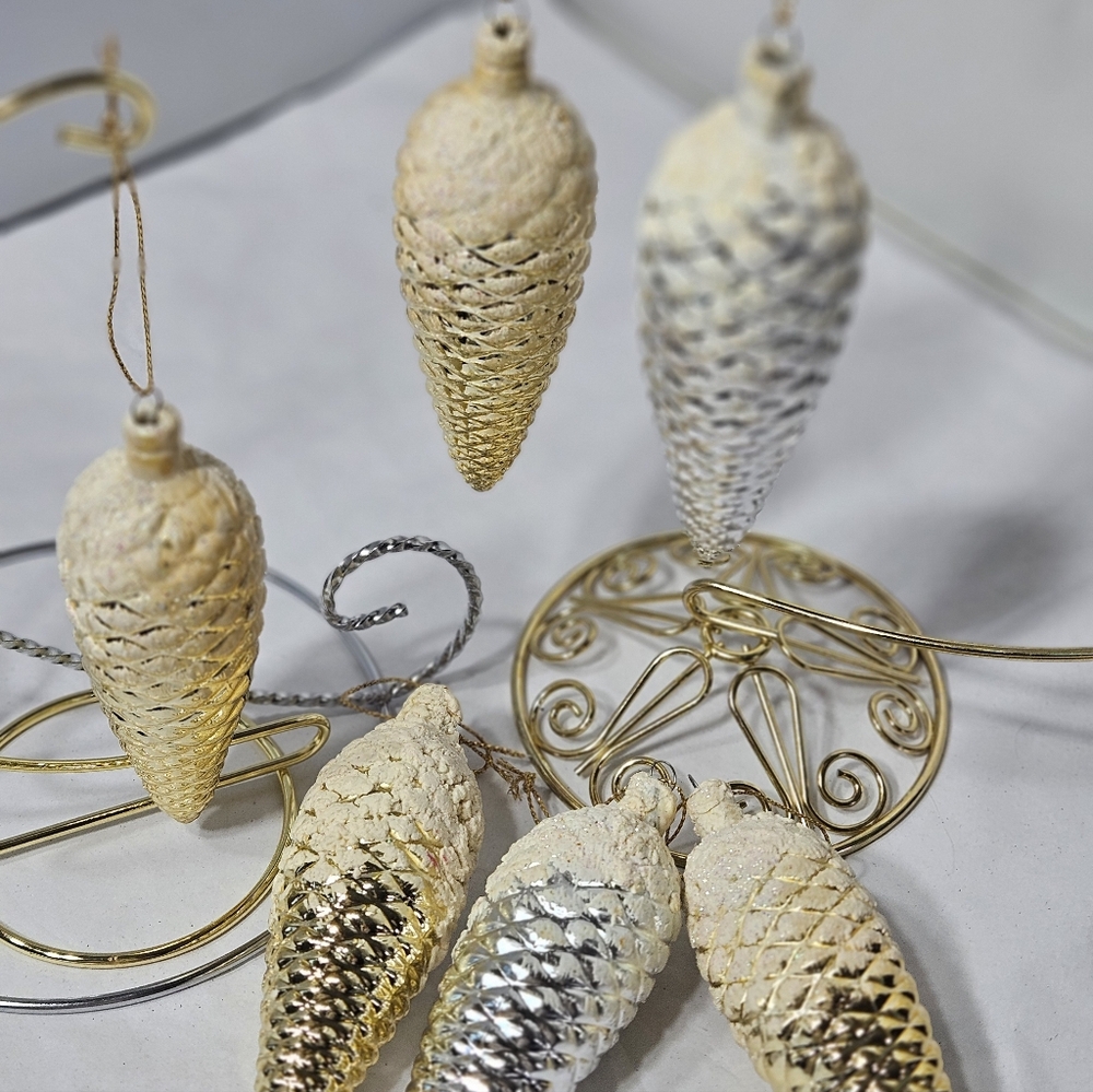 Bundle of 6 Snow-Covered Silver & Gold Pinecone Pine Cone Christmas Ornaments - Picture 3 of 5